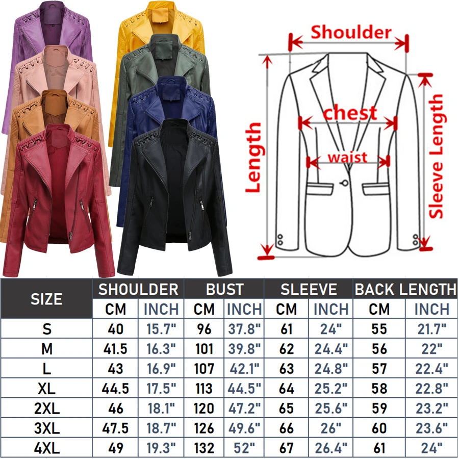 Chaqueta de PU con solapa para mujer, abrigo de cuero con cremallera, S-4XL, rojo, Morado, negro, prendas de vestir exteriores, azul, amarillo, 12 colores