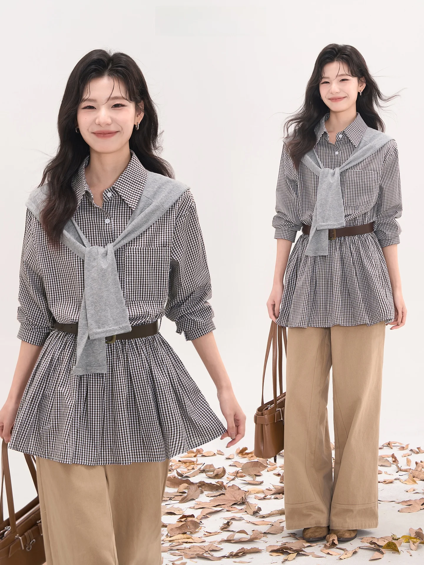 

Korean Sle Plaid irt Dr with awl Anti-Aging Versatile Women's Top Flower Field Window Heme Cotton Long Sve Midi D...