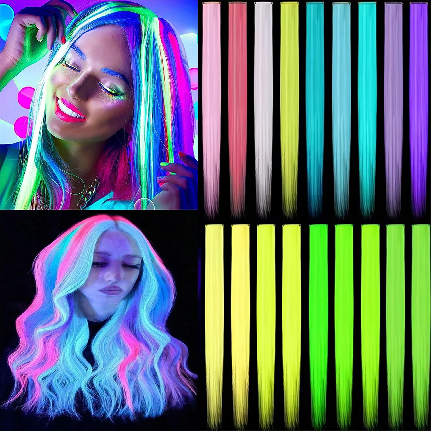 9pcs Luminous Neon Hair Clip-In Extensions for Party Festivals Christmas Glow in the Dark Synthetic Hair Accessories for Women
