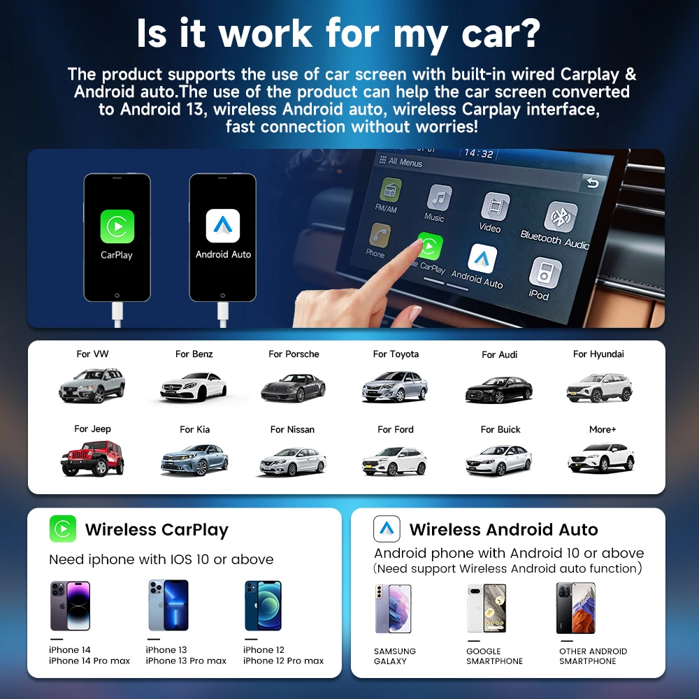 CarlinKit Wireless Carplay Android Auto Adapter 3 + 32G Android 10 Wireless Car TV Box connessione rapida Wifi 2.4 e 5G AI Box per IPTV