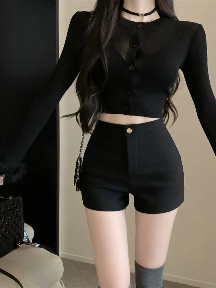 Pantaloncini a vita alta da donna Y2K Streetwear Sexy Nero Hip che abbraccia pantaloni caldi stretti Coreano Casual Inverno Autunno Elastico A-Line Peluche