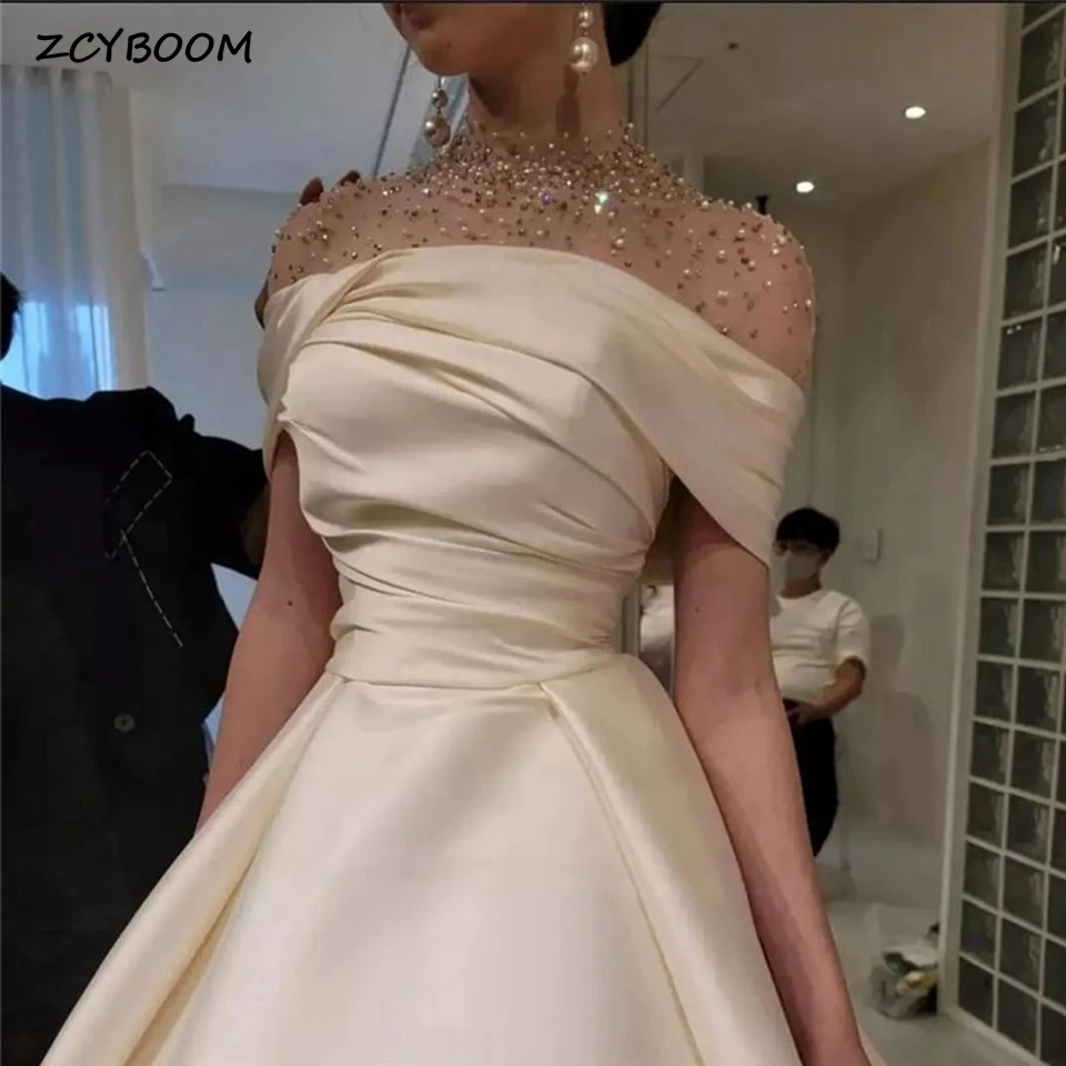 

Charming Champagne High-Neck Beaded Short Sleeves Satin Prom Dresses 2023 A-Line Floor Length Zipper Custom Made Bridal Gown