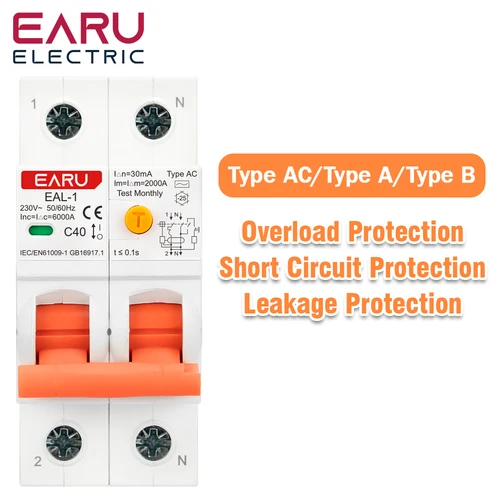 2P 30mA tipo AC A B RCBO RCCB MCB disyuntor electrónico de corriente Residual sobre protección contra fugas de corriente corta cargador EV