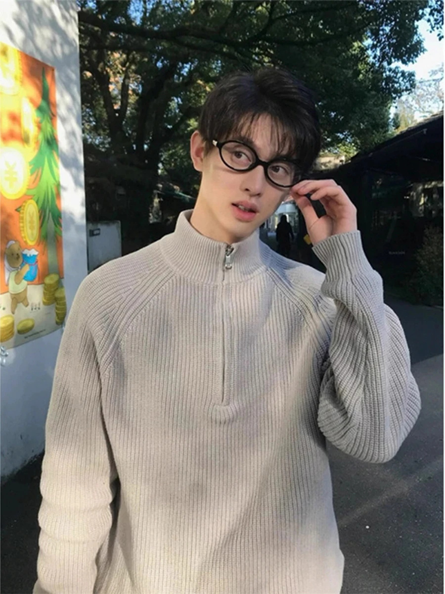 

Khaki f Zip Thiened Winter Men's Knitwear Warm Inner irt High-End Feel f High Collar Sweater Casual Loose Fit Long ...