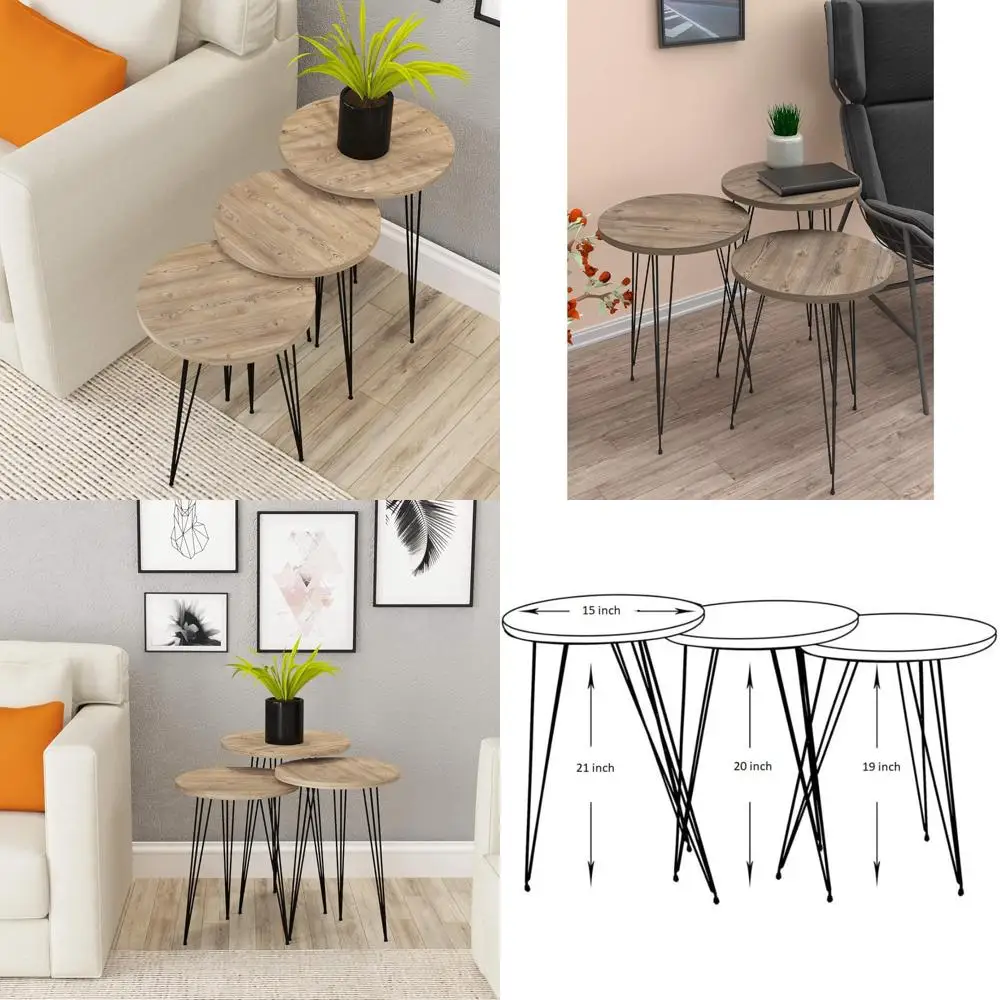 مجموعة طاولات متداخلة من خشب الصنوبر - 3 طاولات جانبية مستديرة قابلة للتكديس باللون الرمادي مع أرجل معدنية لمسات غرفة المعيشة #1