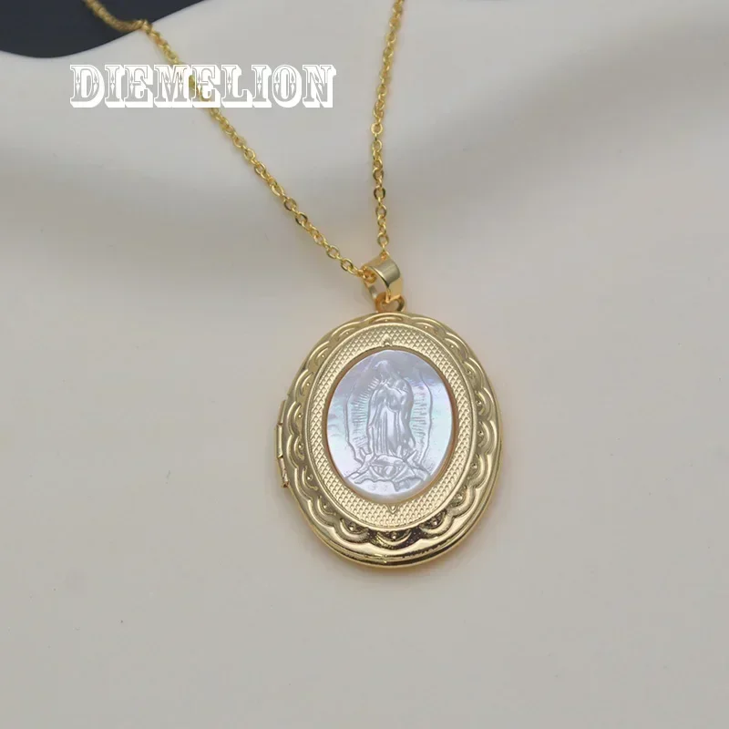 Luxury 18K Gold Plated Natural MOP Shell Oval Medal Religious Virgin Pendant Necklace for Women Can Opened Closed To Hold Photos