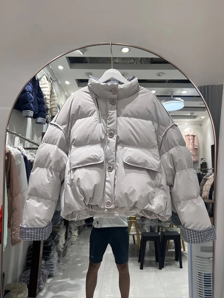 2025 winter new Korean style stand up collar splicing grid single breasted fashionable casual white duck down jacket trend