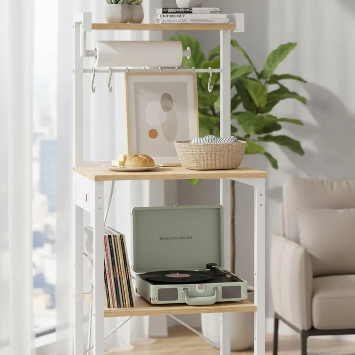 4-Tier Kitchen Baker s Rack 17.7 Inch Wide Coffee Bar Microwave Stand with Hooks Adjustable Shelf Golden Oak Cloud White