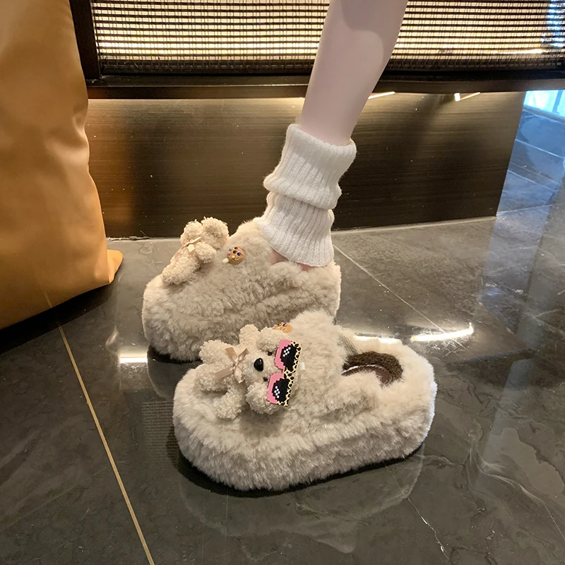 Winter Thick Bottom Bear Fur Slippers Women's Cute Cartoon Home Shoes Warm round Toe Slip-On Rubber Sole Anti-Slip Cotton Filled
