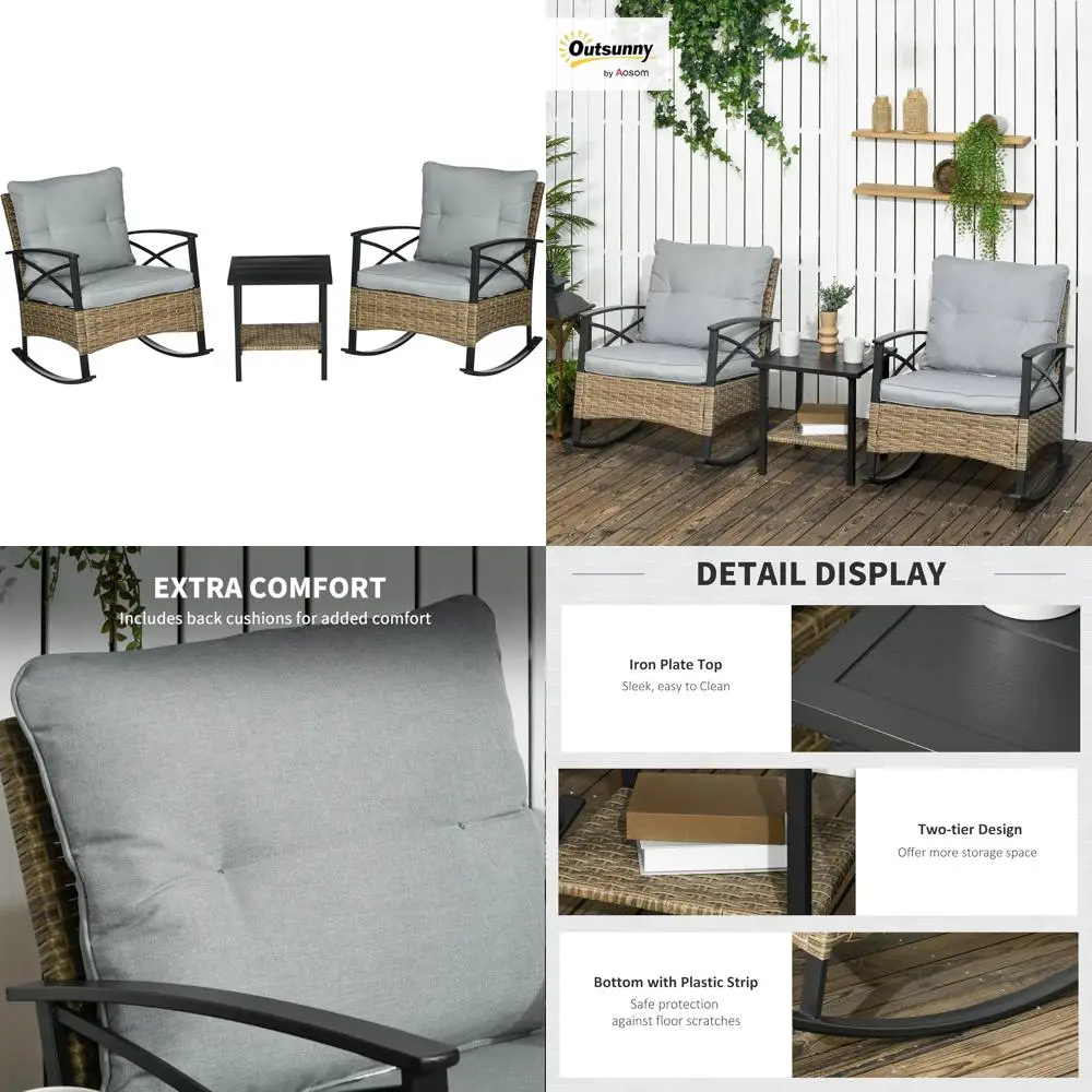 

Outdoor Wicker 3-Piece Patio Rocking Chair Set with Cushioned Rockers and 2-Tier Coffee Table for Garden Use