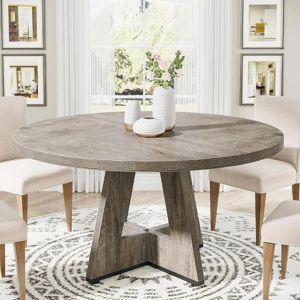 Dining Table, 47 Inch Round Wood Dining Table, Retro Grey Kitchen Dining Table with Heavy Duty Legs for home, Kitchen