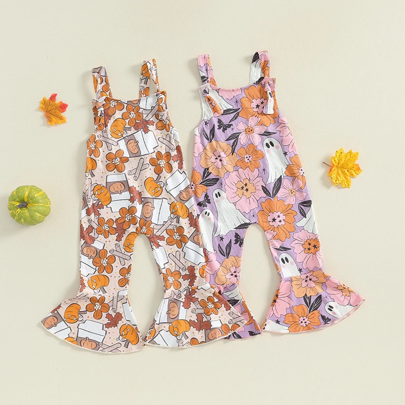 2024-05-31 Lioraitiin 6M-4Y Little Girl Halloween Flare Jumpsuit Pumpkin/Ghost Print Sleeveless Overalls Romper