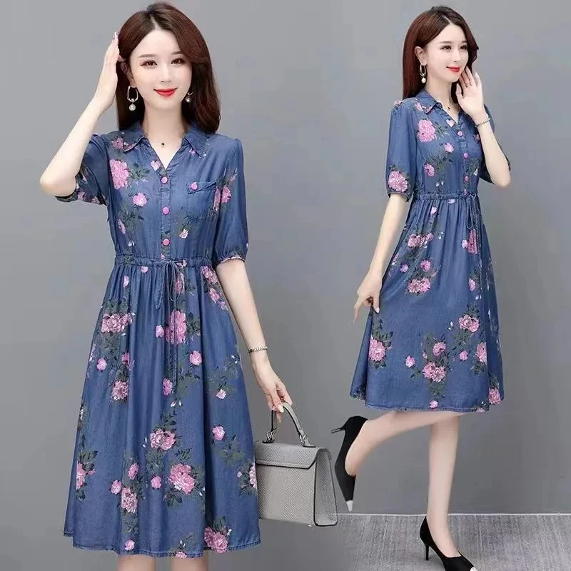 2024Summer Print Denim Dress Women\'s V Neck Short Sleeve Pocket Casual A Line Denim Dresses Street Bomber Jeans Vestidos Female