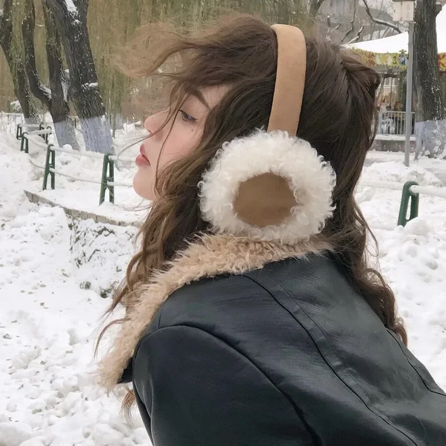 Protetores de orelha quentes de lã feminina coreana, protetores de orelha sólidos de pelúcia para esqui ao ar livre, ciclismo, à prova de vento e frio, protetores de orelha anticongelantes para inverno