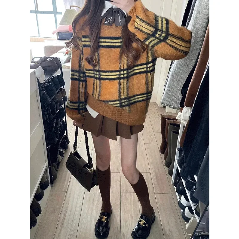 Herfst Winter Koreaanse Preppy Stijl Breien Truien Femme Modieuze Plaid O-hals Lange Mouw Trui Dameskleding Top Tee