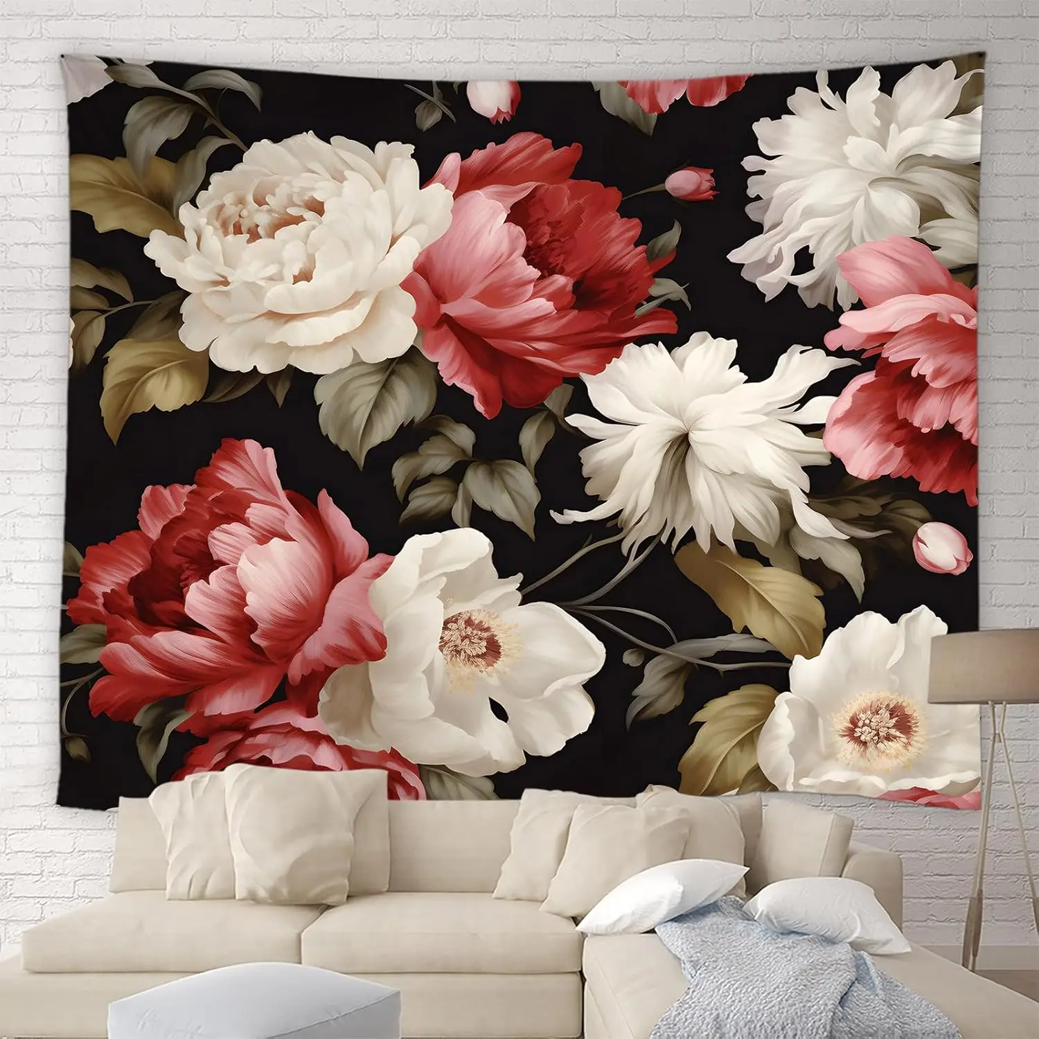 Floral Tapestry Watercolor Flower Wall Hanging Rustic Leaves Blossom Peony Flowers Wall Tapestry for Living Room Bedroom Dorm