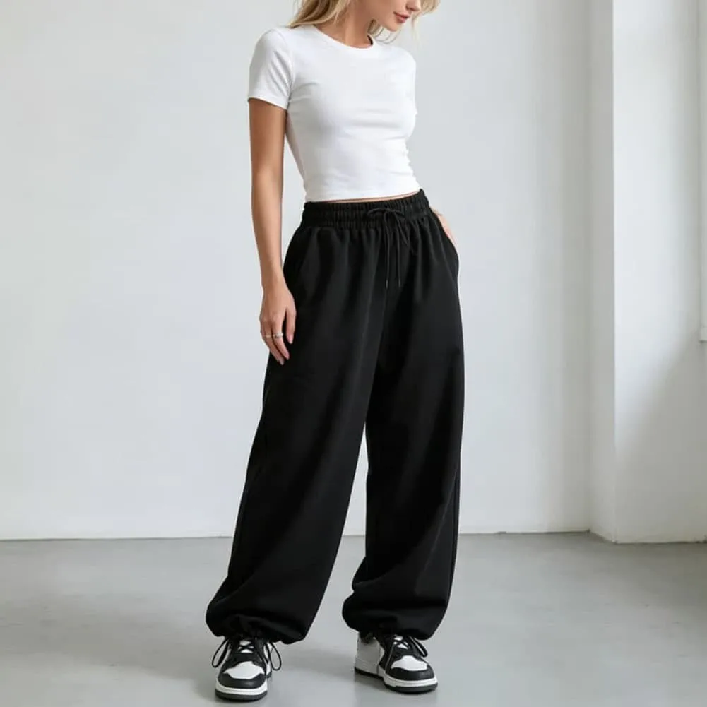 Womens Elastic Waist Sweatpants Loose for Fit Wide Leg Solid Pattern Polyester Fabric for Vacation Cycling and Beach Wear