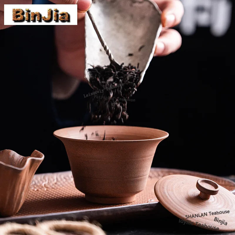150ml Zen Leaf Coarse Pottery Gaiwan Creative Tea Tureen Tea Bowl with Lid Kit Tea Brewing Cover Bowl Tea Services Decoration