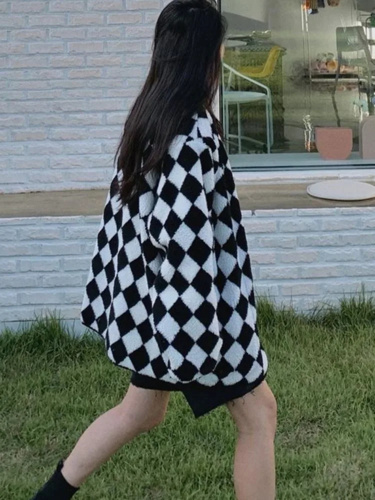 Solto pele de cordeiro xadrez meados de comprimento retalhos casaco feminino primavera outono inverno casual confortável cor macia blo outerwear