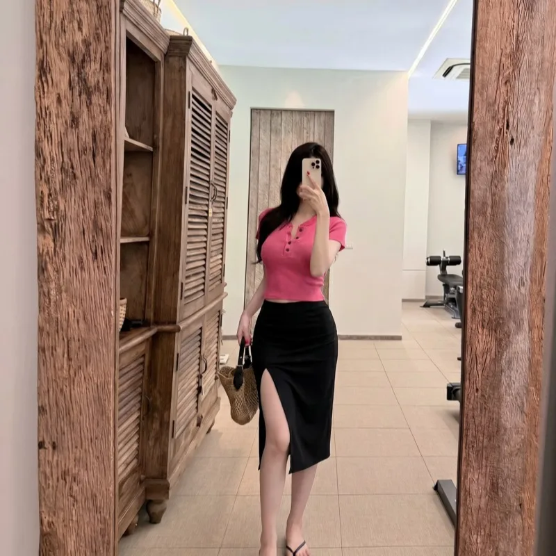 

Fashionable Short Sleeve T-Shirt Skirt Set Women's Spring Summer Slim Fit round Neck Top Waist Cinched Short Length Outfit