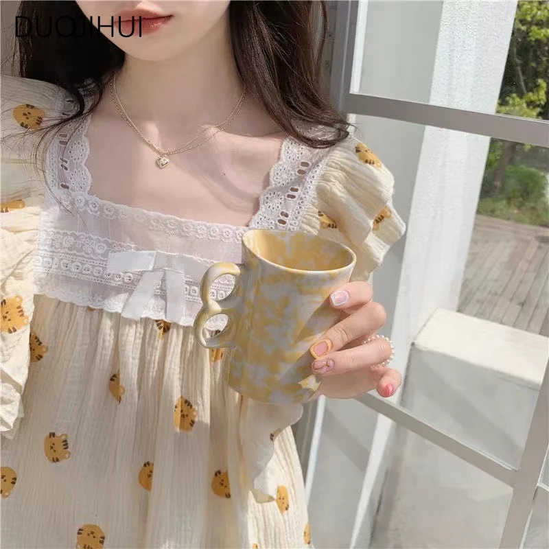 DUOJIHUI Two Piece Sweet Two Piece Casual Home Pajamas for Women Chic Bow Pullover Basic Short Fashion Loose Female Pajamas Sets