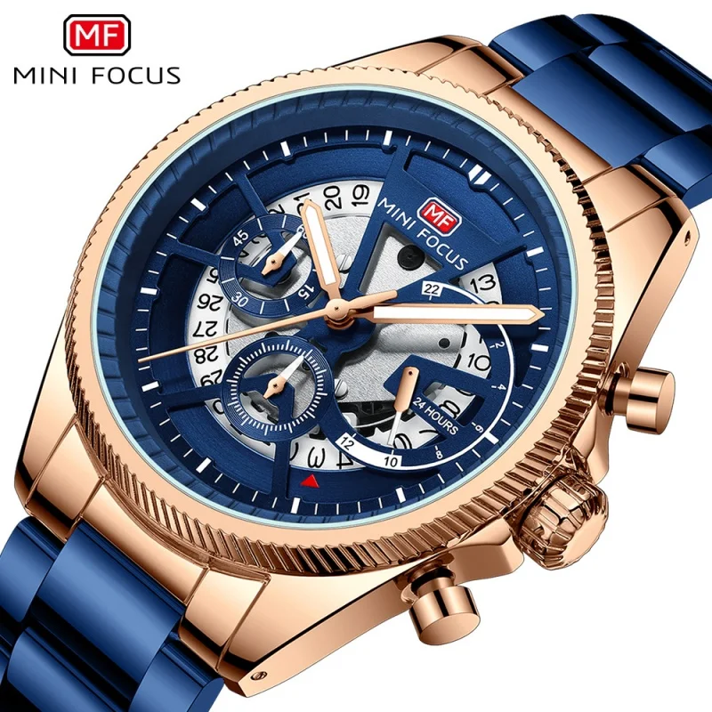 MINI FOCUS 0490 Men's Fashion Quartz Watches Luminous Chronograph Calendar Waterproof Stainless Steel Strap Male Sports Watch