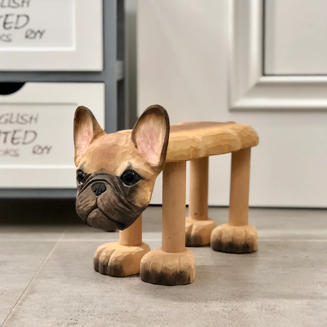 

Handcarved small children's dog shaped bulldog stool made of solid wood