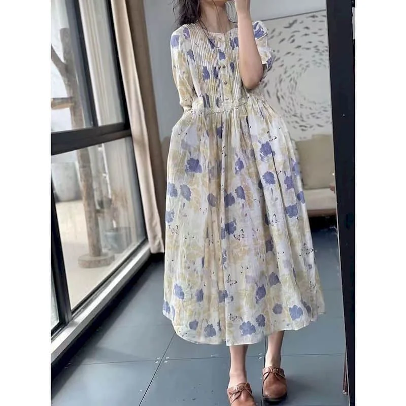 Women Dress Oversized Vintage Organ Folds Half Sleeve A-line Loose Korean Fashion Large Size Mid-Calf Dress for Women Clothing