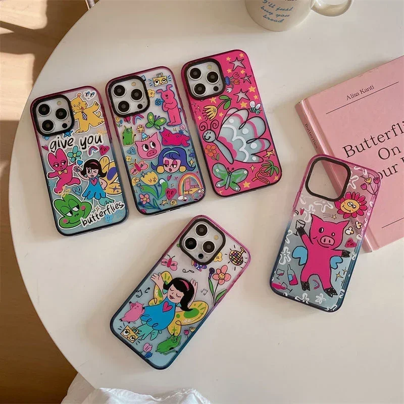 

Cartoon Pig Butterfly 2.0 Acrylic Colorful Border Phone Case Cover for IPhone 11 12 13 14 15 16 Pro Max Case