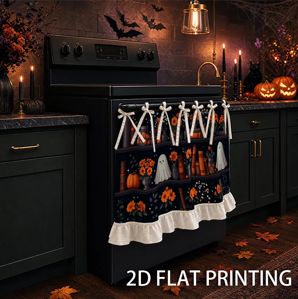 1PC kitchen stove curtain, cabinet curtain, apron. Featuring a 2D graphic design featuring Halloween themed spooks, orange flowe