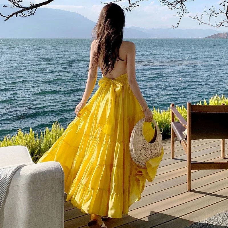 2024 New Summer Women Beach Holiday Style Temperament French Gentle Hanging Neck Open Back Off Shoulder Yellow Long Dress