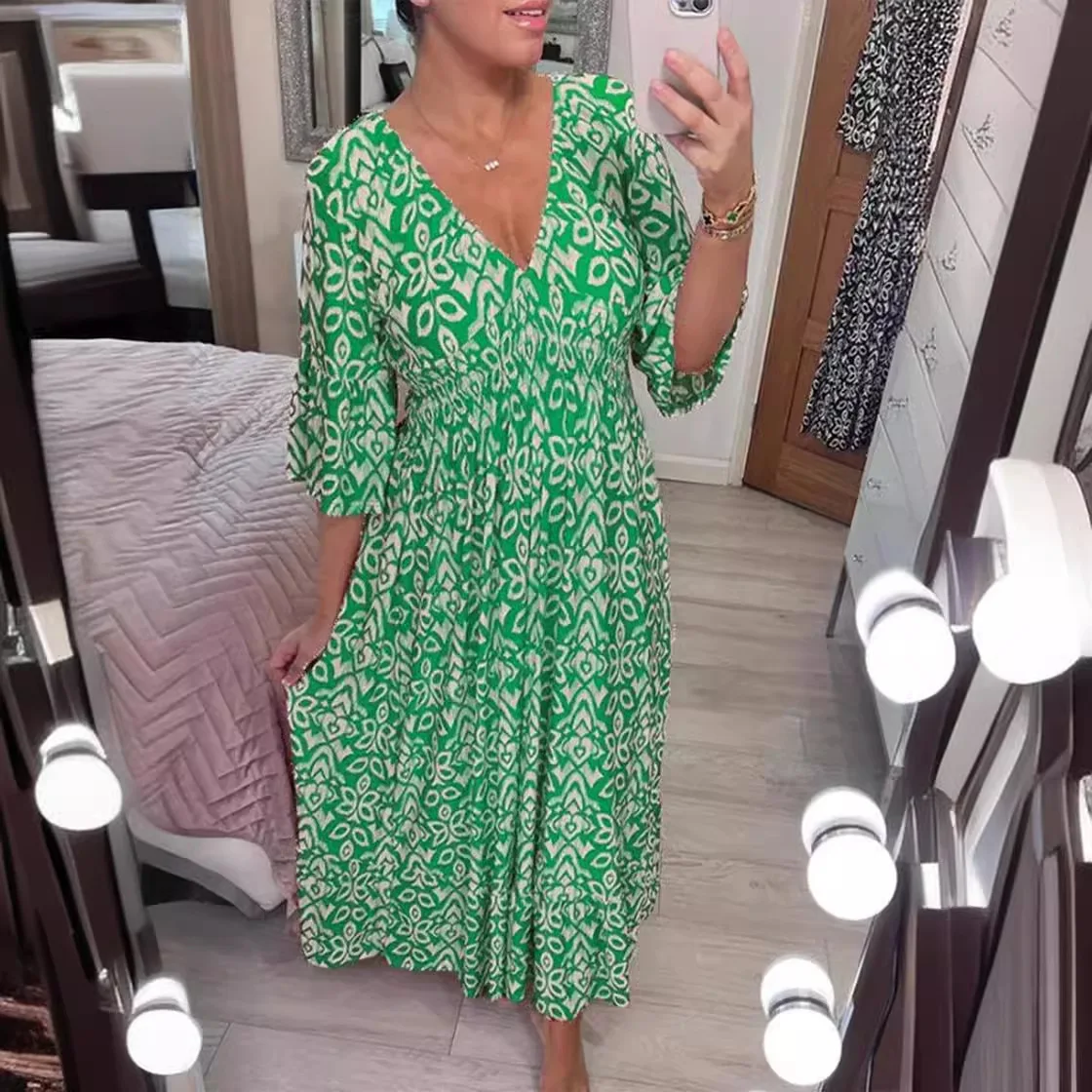 Robe longue Maxi Sexy, col en V, manches mi-longues, imprimé Floral papillon, tunique d'été pour femmes, taille élastique, robes de soirée de vacances amples