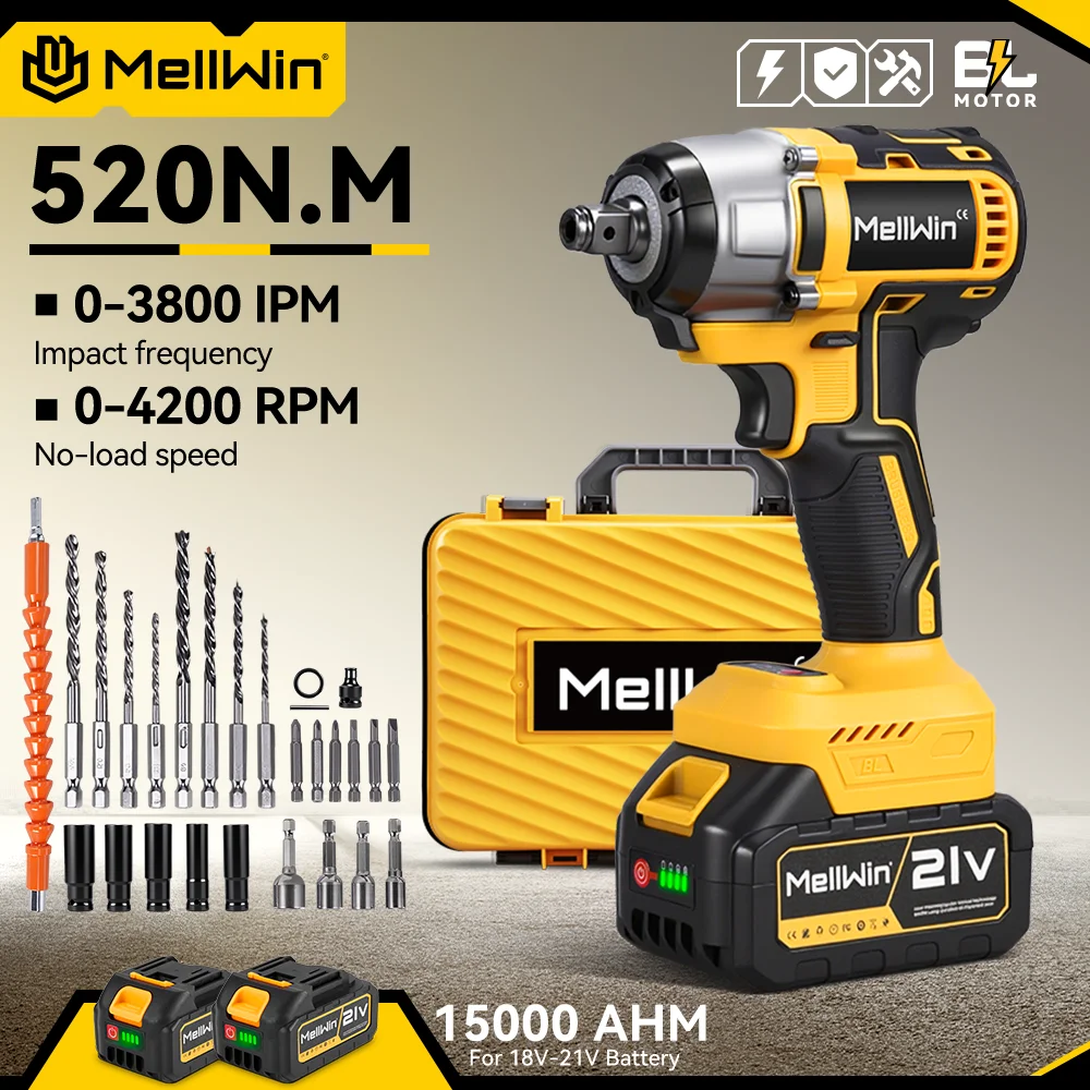 MELLWIN 520N.M Jeu de clés électriques sans balais 3-EN-1 Clé à chocs sans fil Perceuse électrique Tournevis pour batterie Makita 18 V