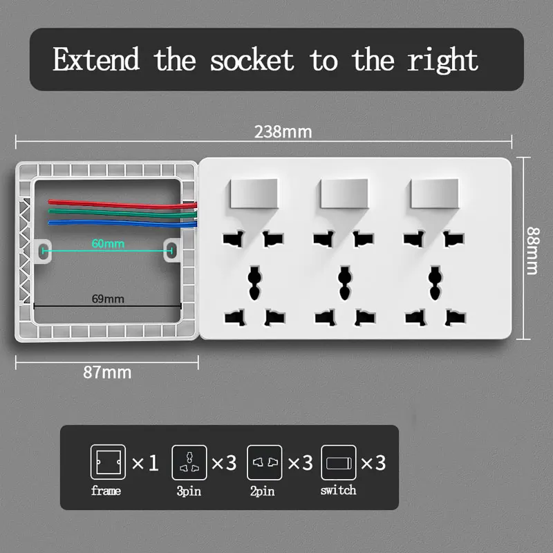 Wall Mounted 86 Type Original Right Extension Socket With Multi-functional 5pin 2 USB Type-C 18W Fast Charging Panel Power Strip