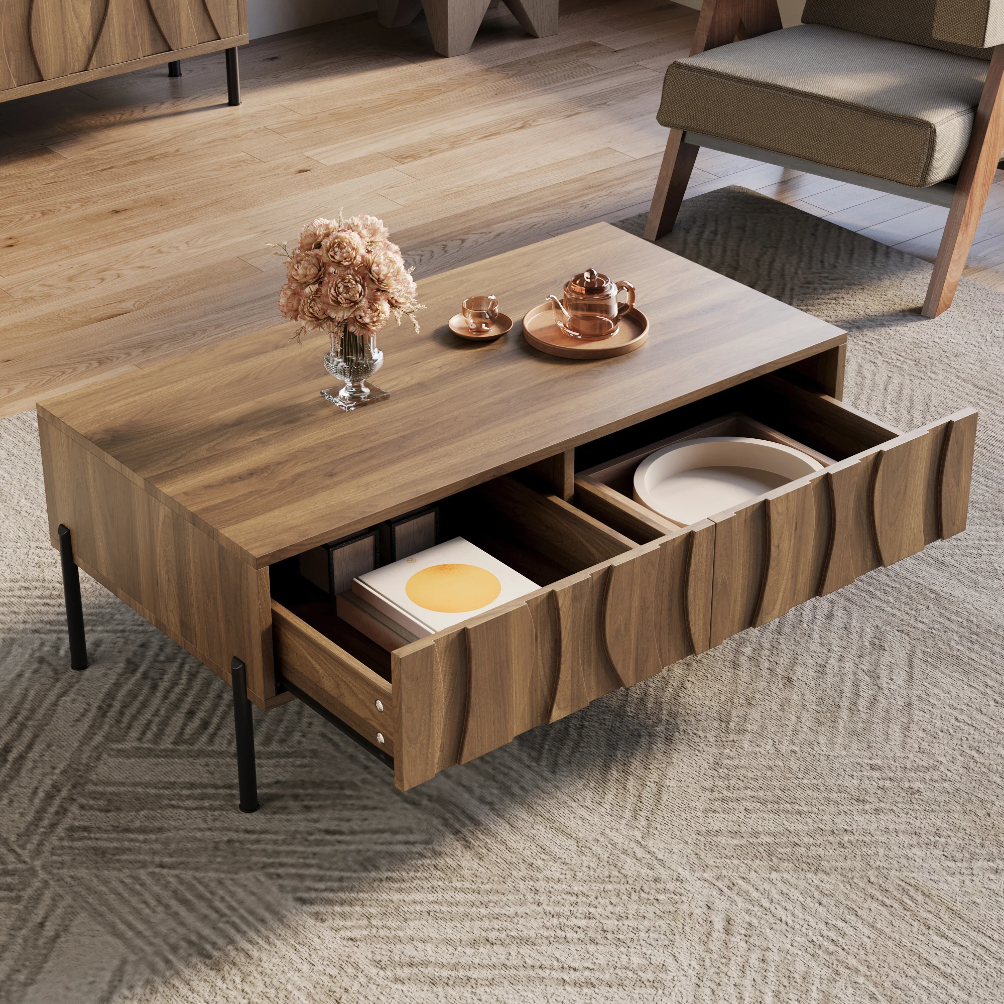 Imagen 5: Mesa de centro moderna de estilo retro, mueble para sala de estar. Dimensiones: 105 cm (longitud) x 55 cm (ancho) x 41 cm (altura)