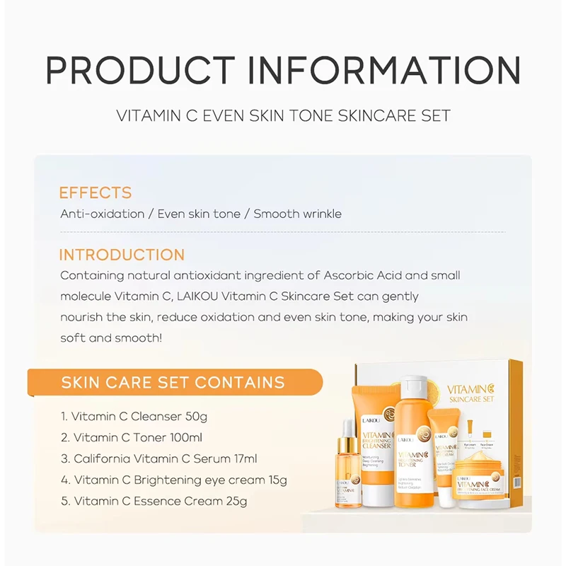 LAIKOU فيتامين C مجموعة العناية بالبشرة (5 قطعة) التطهير العميق منظف للوجه كريم وجه مرطب الحبر مصل العين هدية صندوق العناية بالبشرة