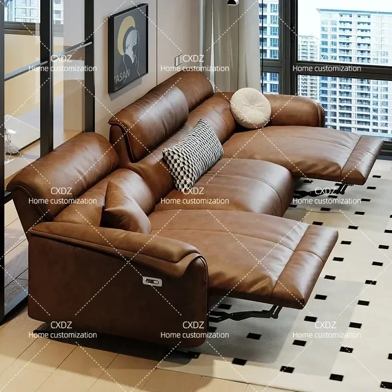 Modern Minimalist Electric Recliner Sofa First Layer Cowhide Leather Retro Brown Functional Living Room Furniture Wood Frame