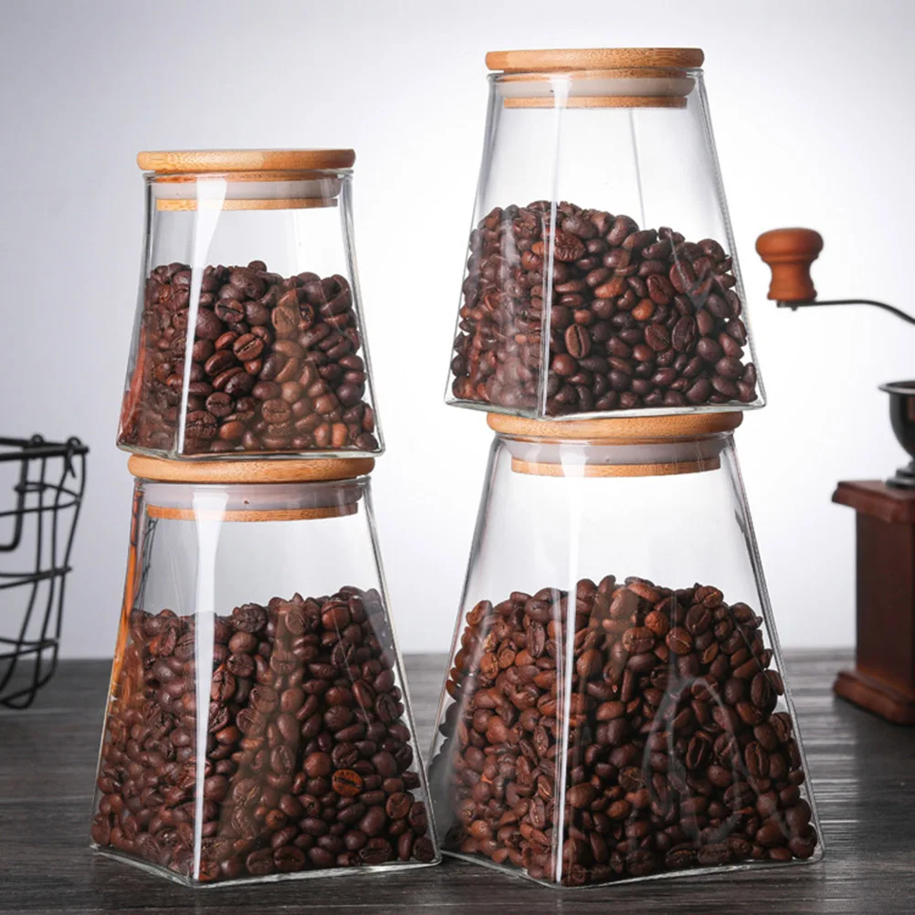 

350Ml Glass Storage Tank Square Sealed Can Wooden Lid For Tea Nuts Snacks Seasoning Clear Smooth Interior Household Jar Storage