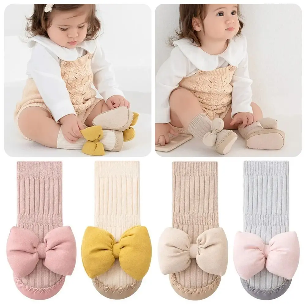 1Pair New Middle Tube Socks Shoes Autumn Bow Children Toddler Shoes Anti-Slip Soft Soled First Walkers Girls Princess