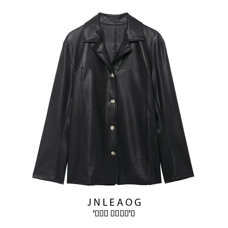 JNLEAOG Autumn New Women's Faion Button Coated Leather Jaet Versatile Long Sve Polyester Stand Fit Ladies Coat