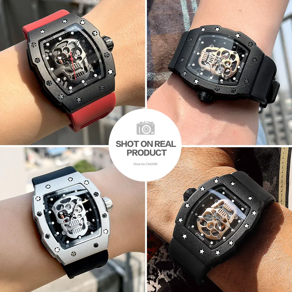 BAOGELA Silver Black Watch Men Military Sport Quartz Wristwatch with Tonneau Skeleton Dial Luminous Hands Silicone Strap 4141