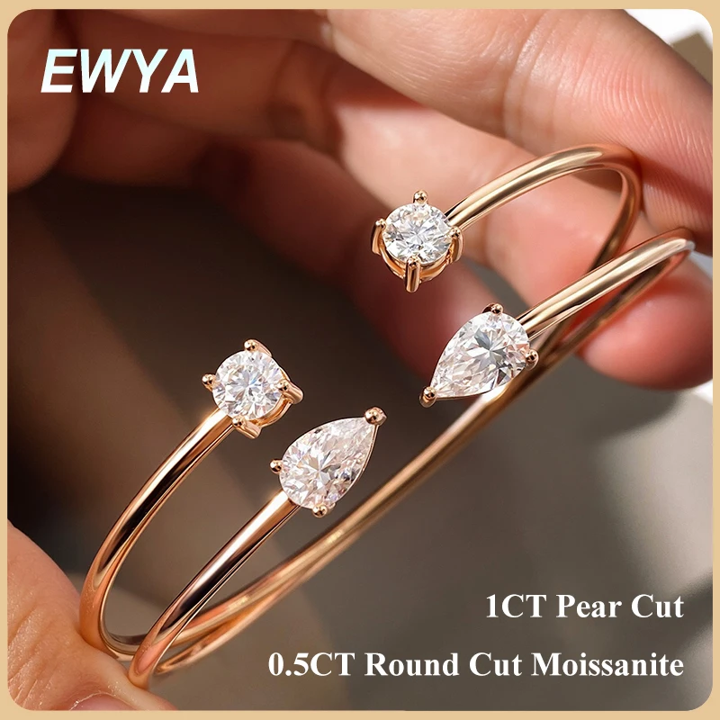 EWYA 1CT Pear Cut Moissanite Open Cuff Bangle for Women S925 Silver 2-Stone Teardrop Lab Diamond Adjustable Bracelet Jewelry