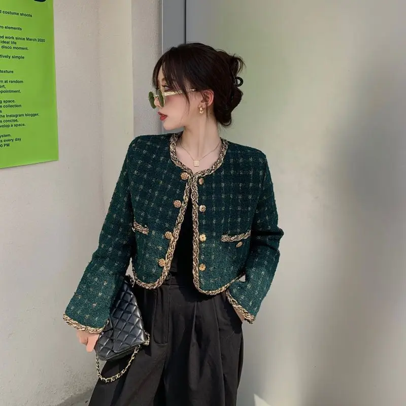 

Woolen Coat High Quality Plaid Short Metal Single-Breasted 2024 Korean New Elegant Retro Women'S Autumn Long-Sleeved Tweed Coat