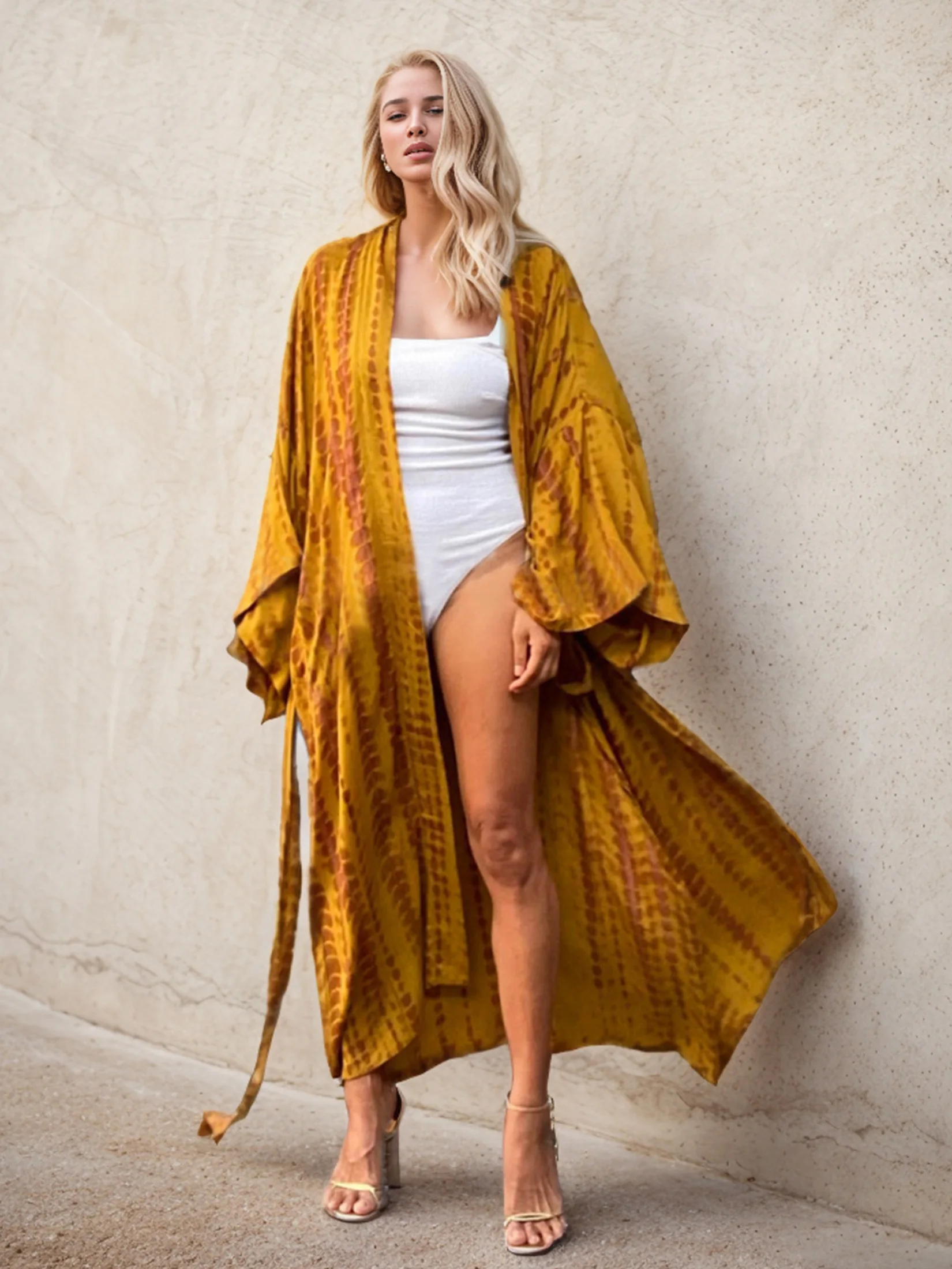 2024 Vacation Sexy Swimsuit Coverup Boho Tie Dye Print Belted Kimono Cardigans For Women House Dress Over Size Beach Lounge Wear