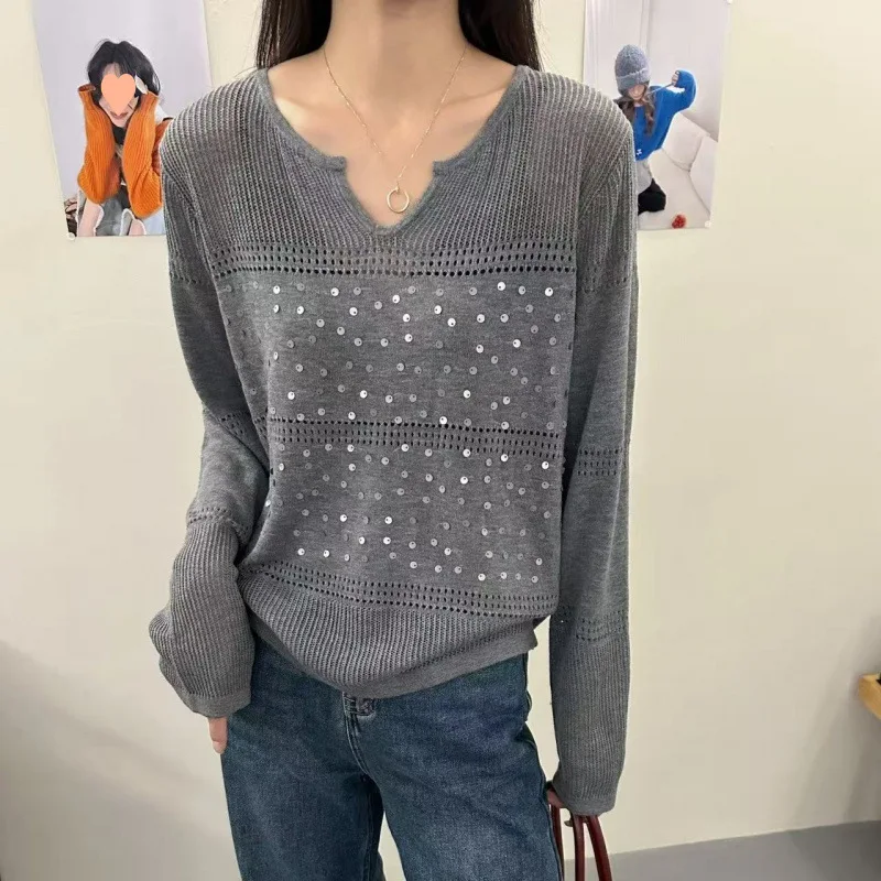 

Glitter Hollowed Out Sweater European Style French V-neck Knitted Sweater Women Spring Autumn Thin Long Sleeved Base Shirt