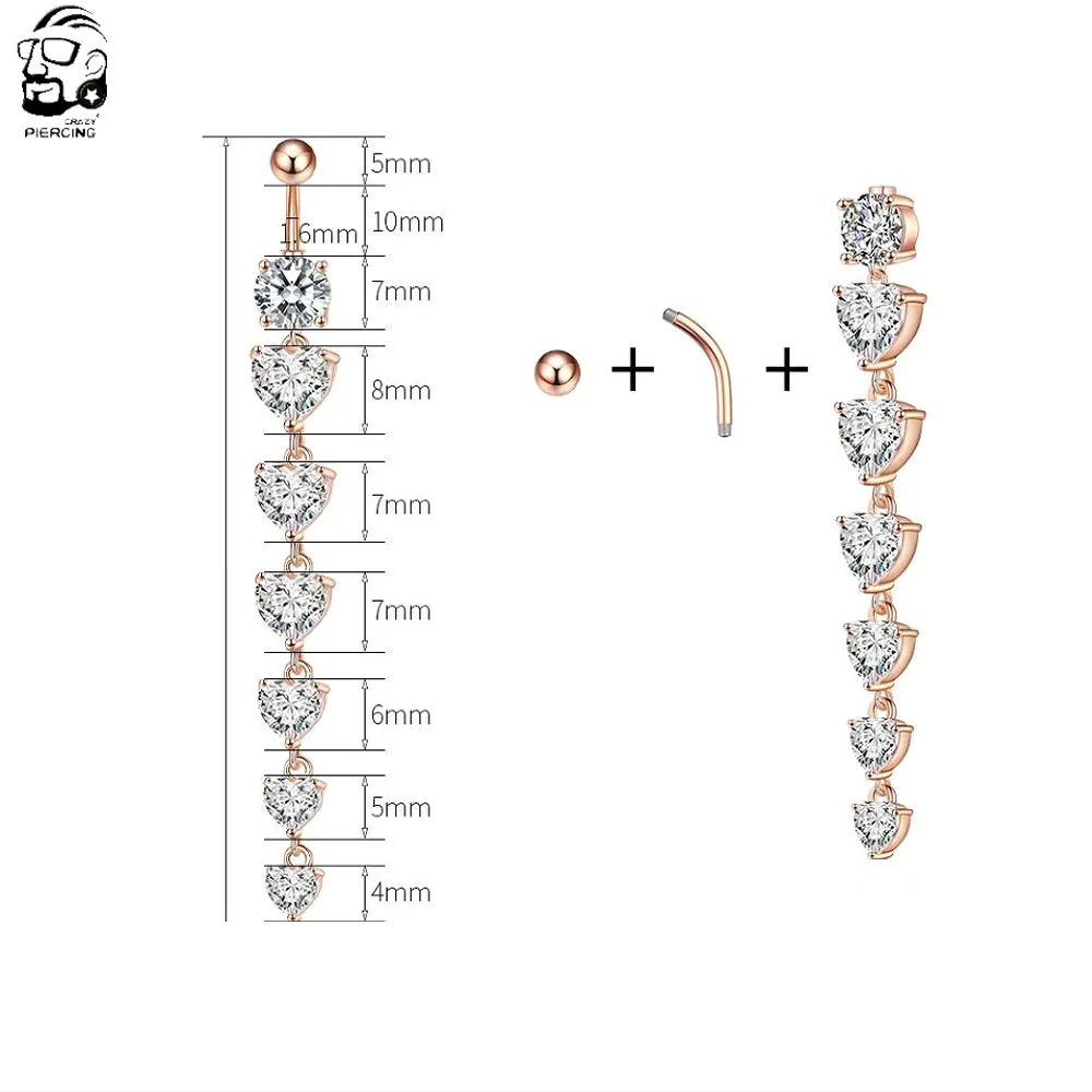7 Heart Crystals Long Dangled Belly Button Rings