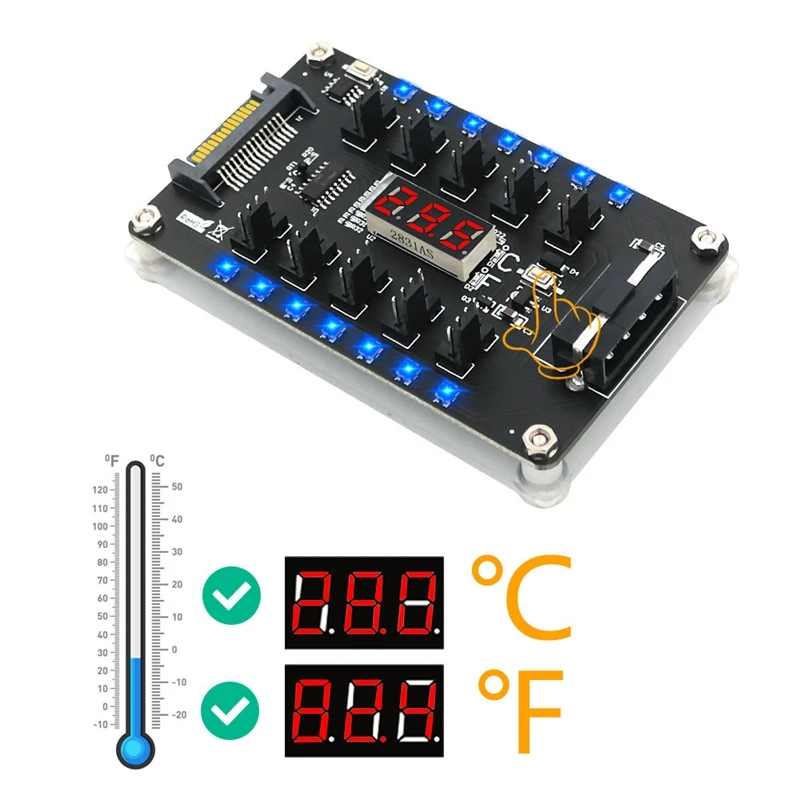 DC12V 3/4Pin Fan PWM Fan Hub Controller 10 Channel 4Pin Fans With 3528 Colorful Flash LED And Temperature Sensor Display