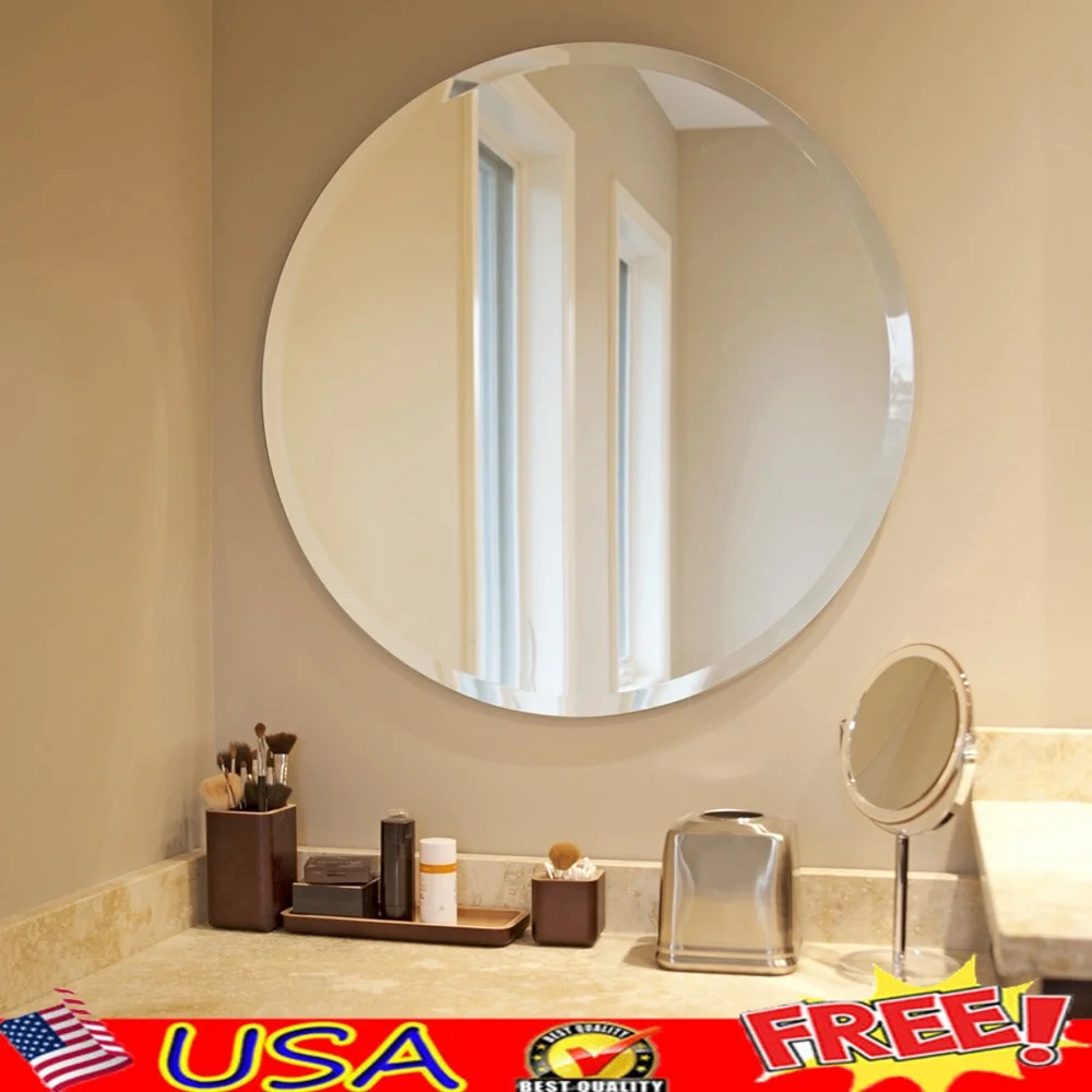 

Frameless Beveled Round Wall Mirror Decorative Accent Mirror Simple Design Ready to Hang 28 Inch Diameter Home Decor