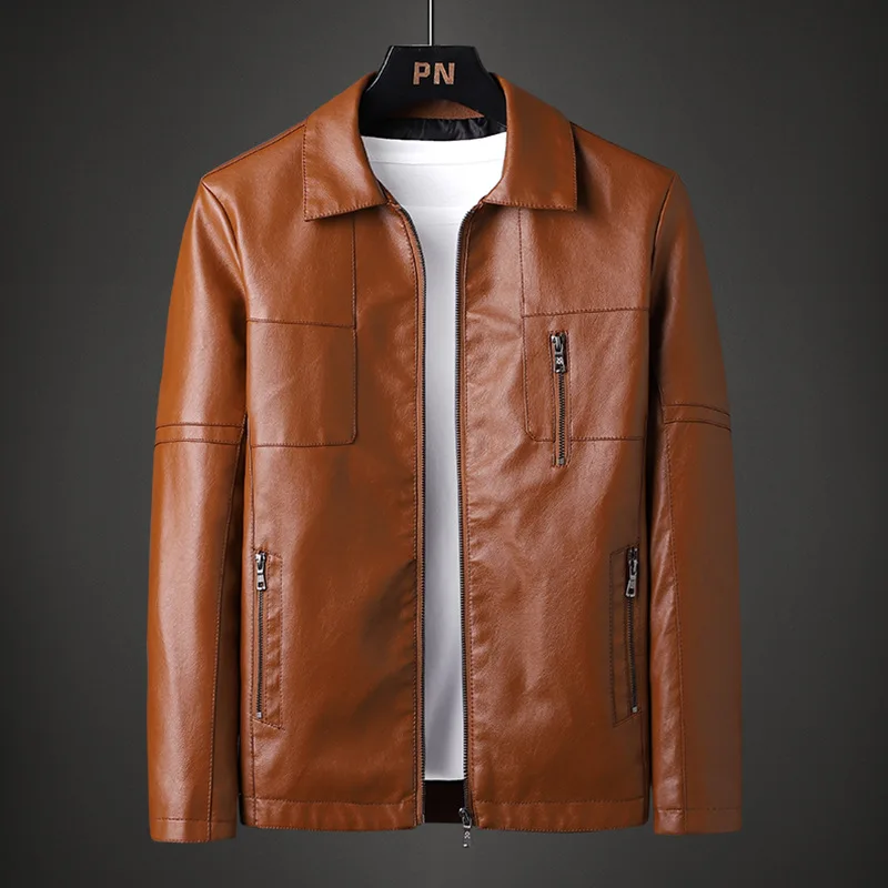 2025 new fashion casual leather jacket lapel plankton handsome loose motorcycle leather coat men's fashion leather clothes
