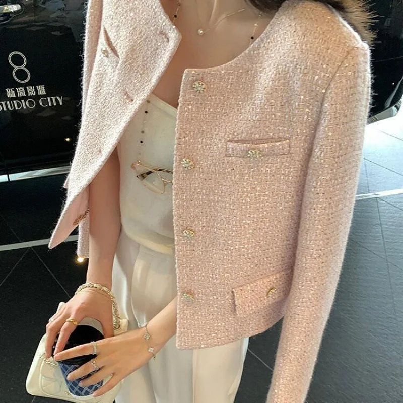 

Elegant sequin short tweed short coat pink round neck top women